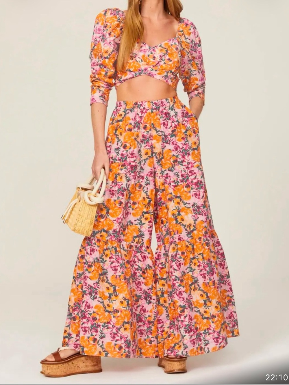 Something Navy Floral Puff Shoulder Top & Wide-Leg Pants Set | Size M